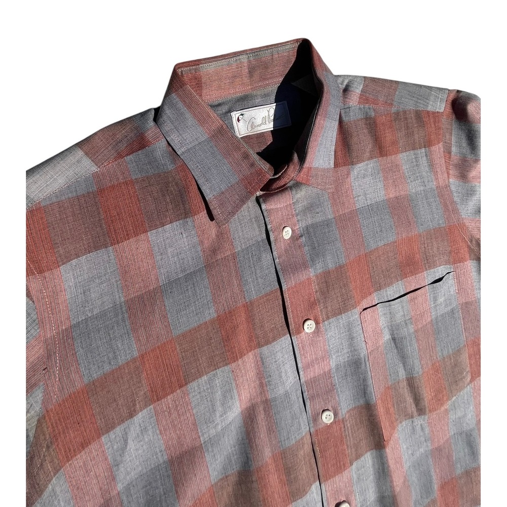 Vintage Arnold Palmer Mens Red Grey Plaid Short Sleeve Button Down Shirt Large